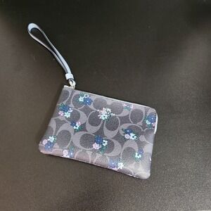 COACH Signature Floral Print Blue Gray Wristlet Coin Purse Card Case Wallet EUC!